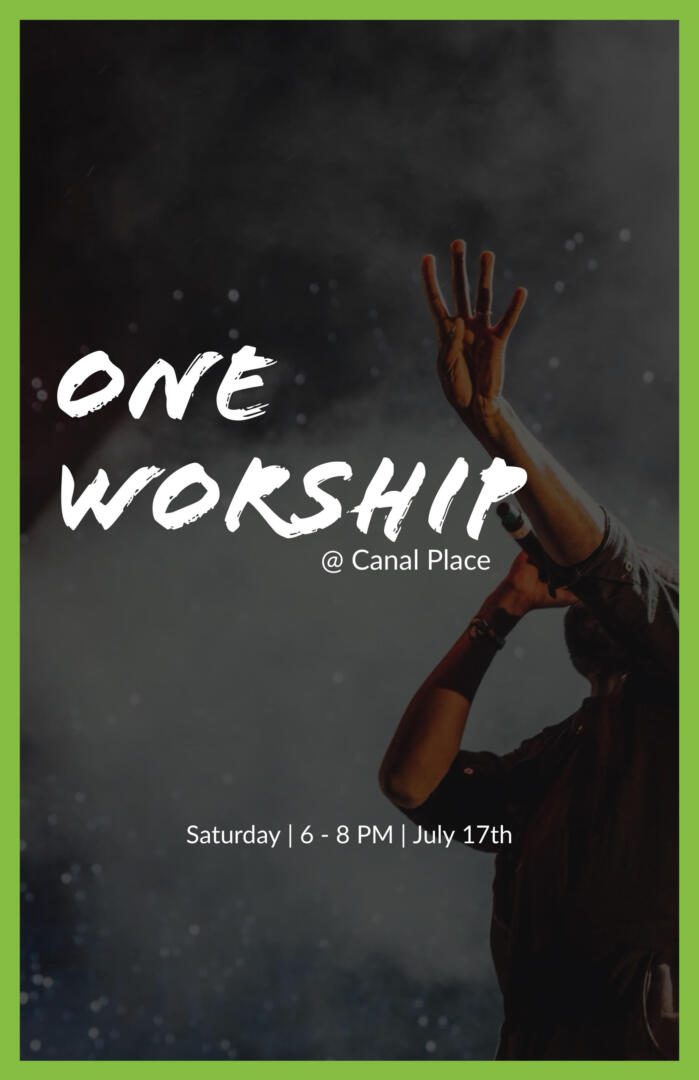 A flyer for one worship with a man holding his hands up.