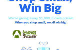 A blue and white poster with the words " shop small, win big ".