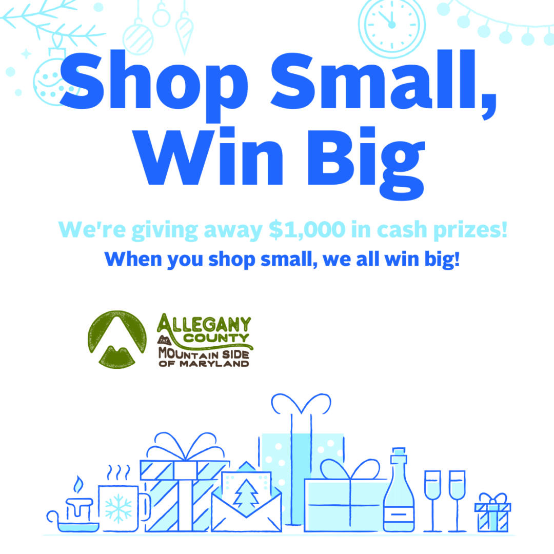 A blue and white poster with the words " shop small, win big ".