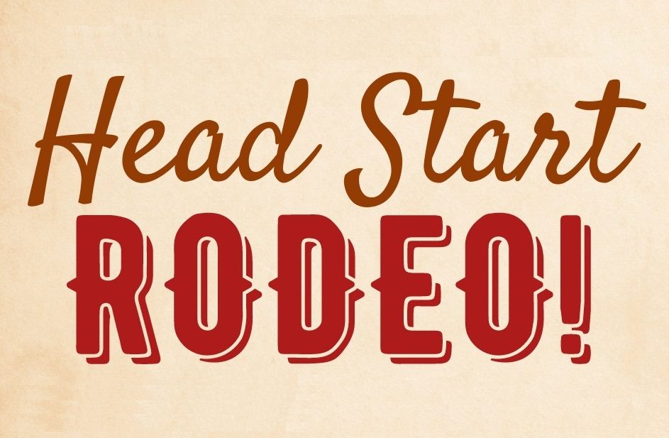 A red and white logo for head start rodeo.