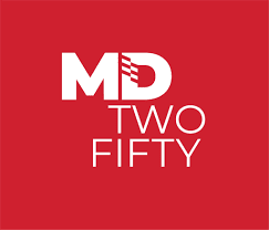 MD Two Fifty logo on red background.